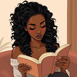 An illustration of a light-skinned black woman with long, curly hair, deeply engrossed in reading