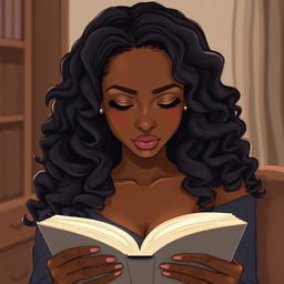 An illustration of a light-skinned black woman with long, curly hair, deeply engrossed in reading