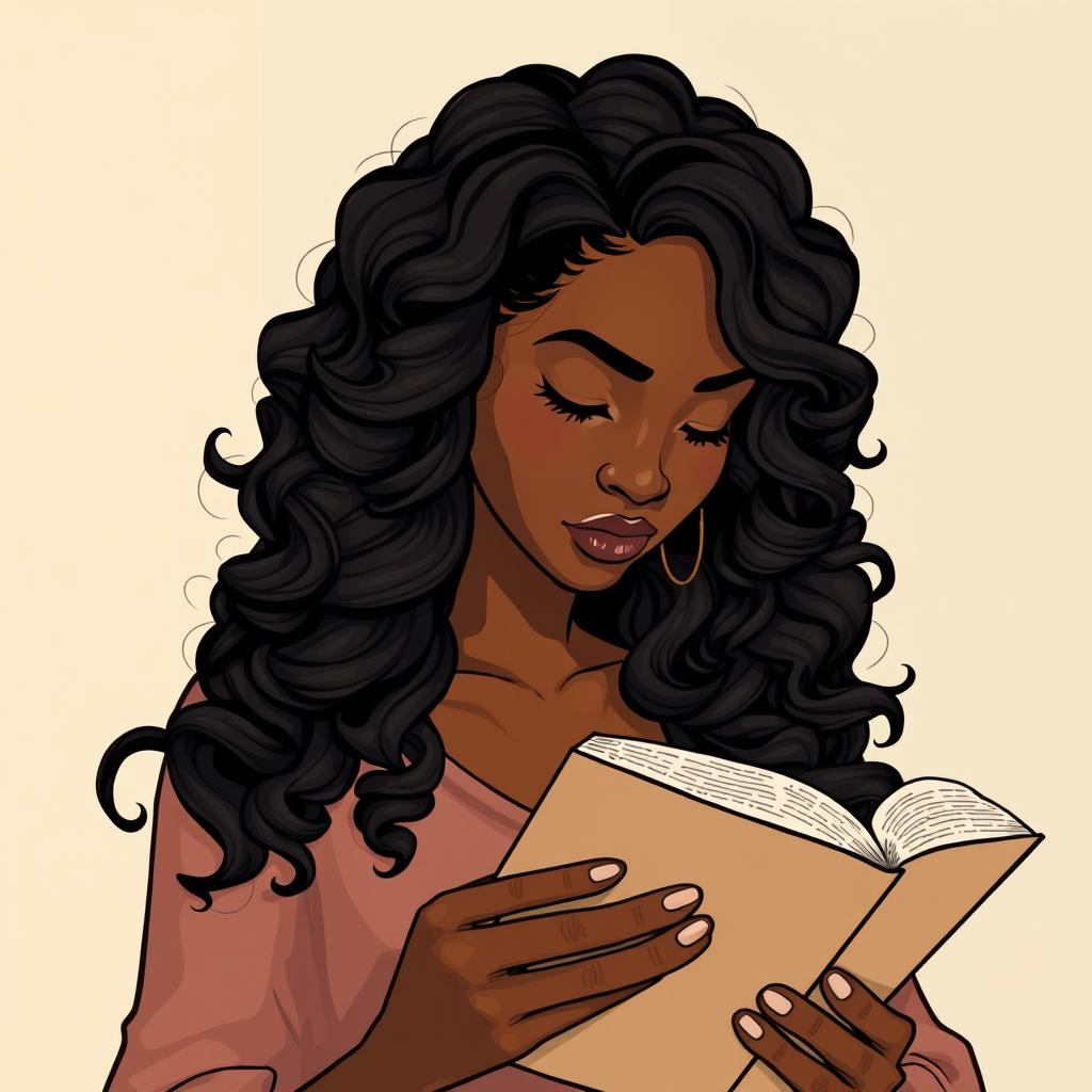 An illustration of a light-skinned black woman with long, curly hair, deeply engrossed in reading