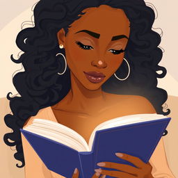 An illustration of a light-skinned black woman with long, curly hair, deeply engrossed in reading