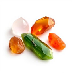 An elegant composition showcasing four exquisite crystals: a soft pink Rose Quartz symbolizing unconditional love, a rich Amber glowing with warm golden hues, a lush Green Aventurine representing prosperity and luck, and a vibrant Carnelian radiating with intense energy