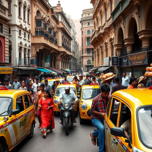 A bustling street scene in Kolkata, India, featuring iconic yellow taxis, a vibrant mix of people in colorful traditional and modern attire, colonial architecture with intricate details, and street vendors selling local delicacies