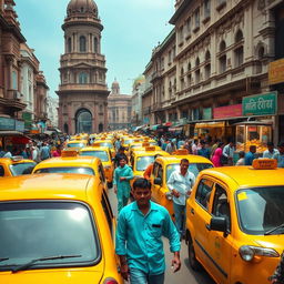 A bustling street scene in Kolkata, India, featuring iconic yellow taxis, a vibrant mix of people in colorful traditional and modern attire, colonial architecture with intricate details, and street vendors selling local delicacies