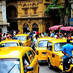 A bustling street scene in Kolkata, India, featuring iconic yellow taxis, a vibrant mix of people in colorful traditional and modern attire, colonial architecture with intricate details, and street vendors selling local delicacies