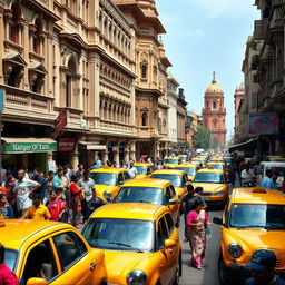 A bustling street scene in Kolkata, India, featuring iconic yellow taxis, a vibrant mix of people in colorful traditional and modern attire, colonial architecture with intricate details, and street vendors selling local delicacies