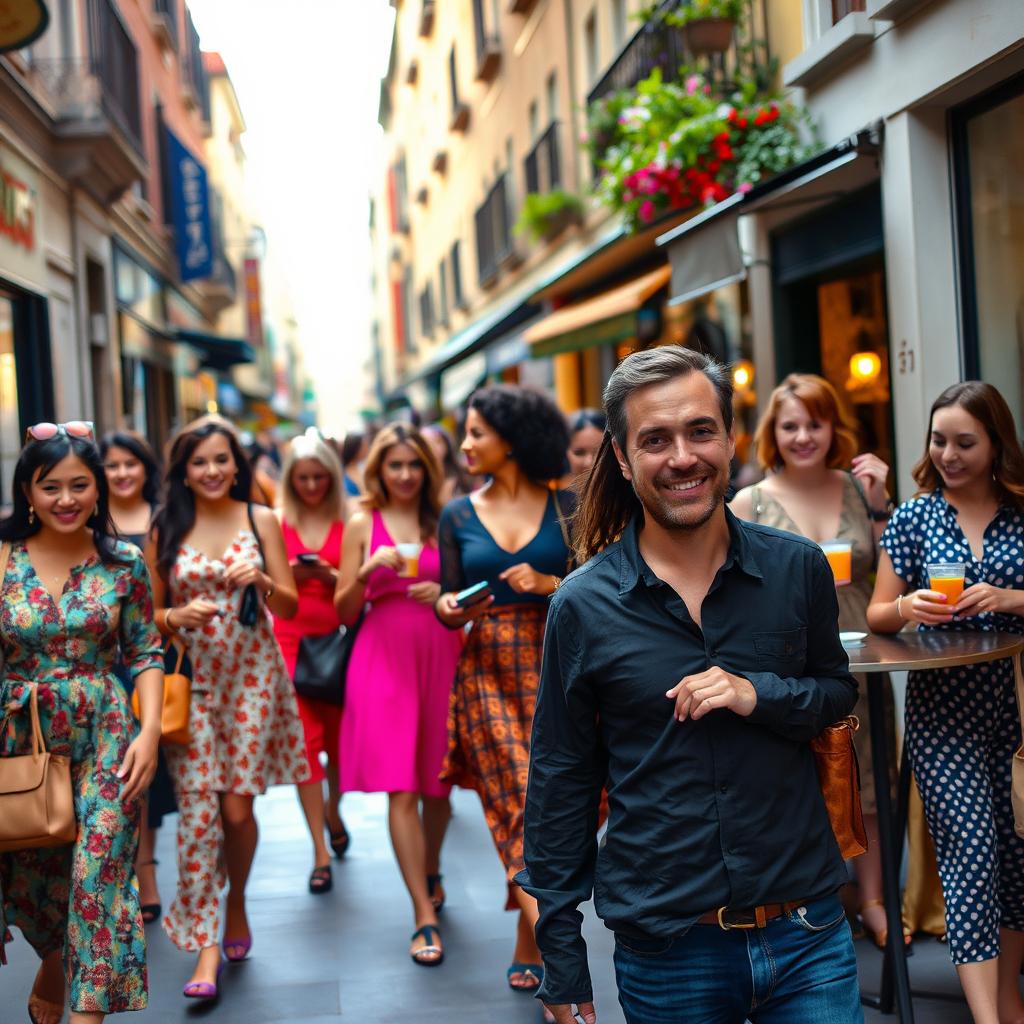 A man walking down a bustling street filled with vibrant, diverse women from different cultures and backgrounds