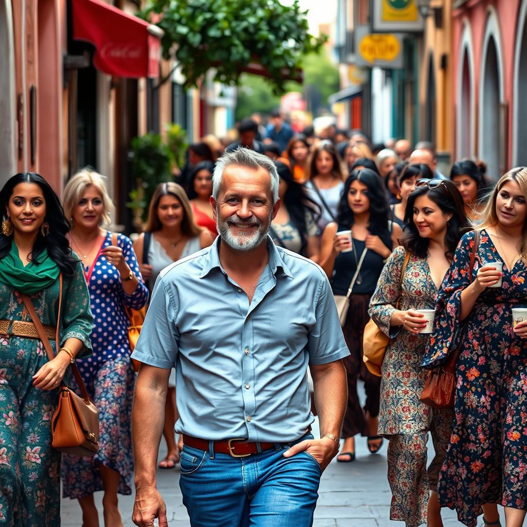 A man walking down a bustling street filled with vibrant, diverse women from different cultures and backgrounds