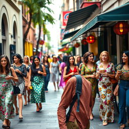 A man walking down a bustling street filled with vibrant, diverse women from different cultures and backgrounds