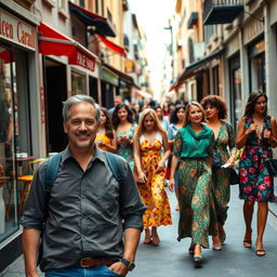 A man walking down a bustling street filled with vibrant, diverse women from different cultures and backgrounds