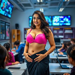 A voluptuous and alluring UK teacher with an air of confidence, wearing a striking combination of a pink bra and a black saree draped elegantly