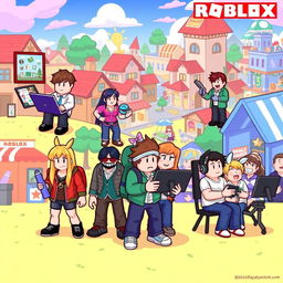 A cartoon-style illustration depicting various ways to earn money through playing Roblox