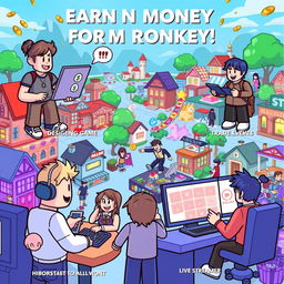 A cartoon-style illustration depicting various ways to earn money through playing Roblox