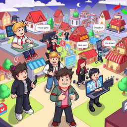 A cartoon-style illustration depicting various ways to earn money through playing Roblox