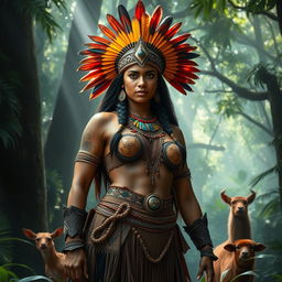 A majestic and powerful Amazonian queen standing proudly in a lush, dense rainforest