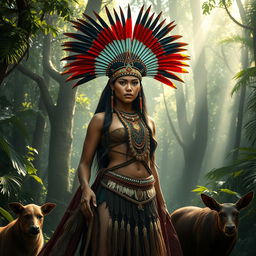 A majestic and powerful Amazonian queen standing proudly in a lush, dense rainforest