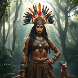 A majestic and powerful Amazonian queen standing proudly in a lush, dense rainforest