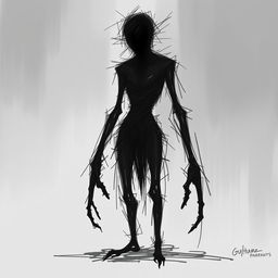 A humanoid creature in a 2D style, drawn with expressive, chaotic sketches