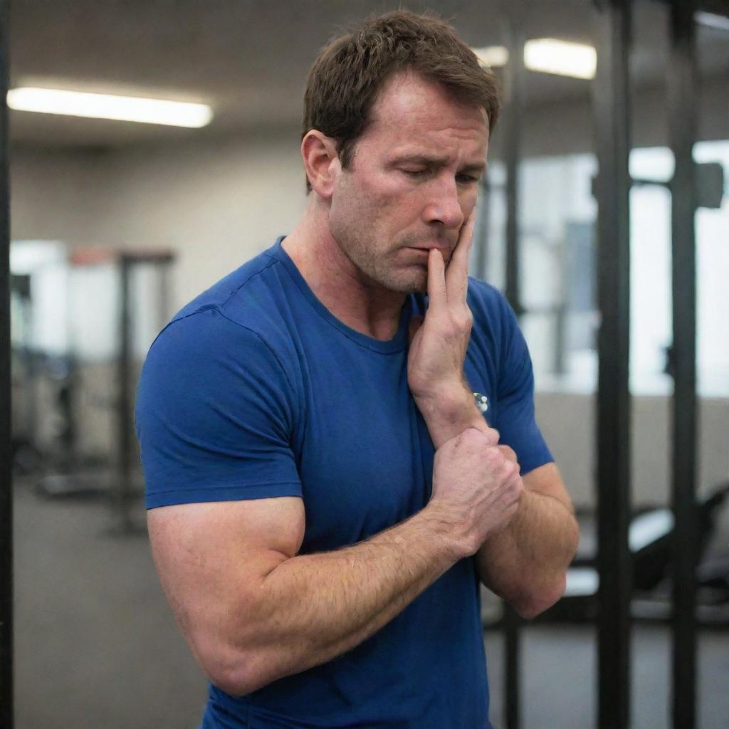 A despondent man exiting a gym, expressing disappointment or exhaustion