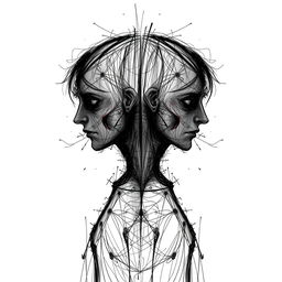 A mysterious doppelganger in a surreal 2D style, depicted through intricate and unsettling sketches