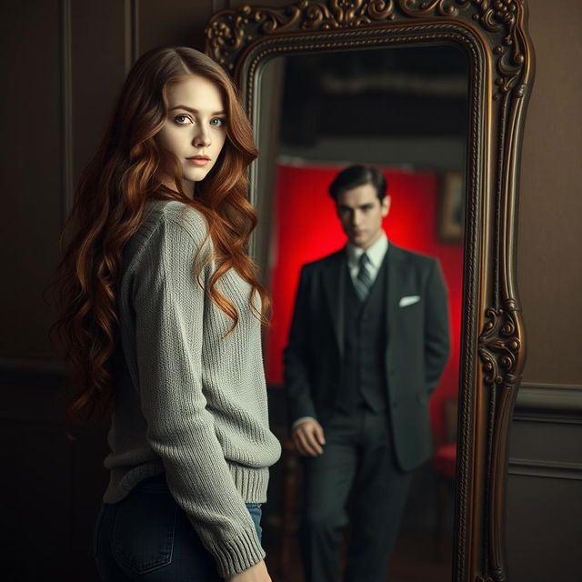 A digital image of a woman with long, dark coppery wavy hair and white skin wearing a sweater and jeans, standing in front of a full-length antique Victorian mirror