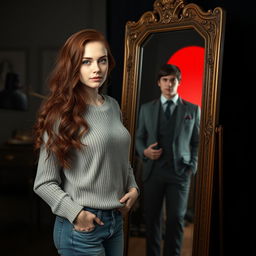 A digital image of a woman with long, dark coppery wavy hair and white skin wearing a sweater and jeans, standing in front of a full-length antique Victorian mirror