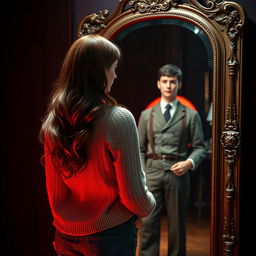 A digital image of a woman with long, dark coppery wavy hair and white skin wearing a sweater and jeans, standing in front of a full-length antique Victorian mirror