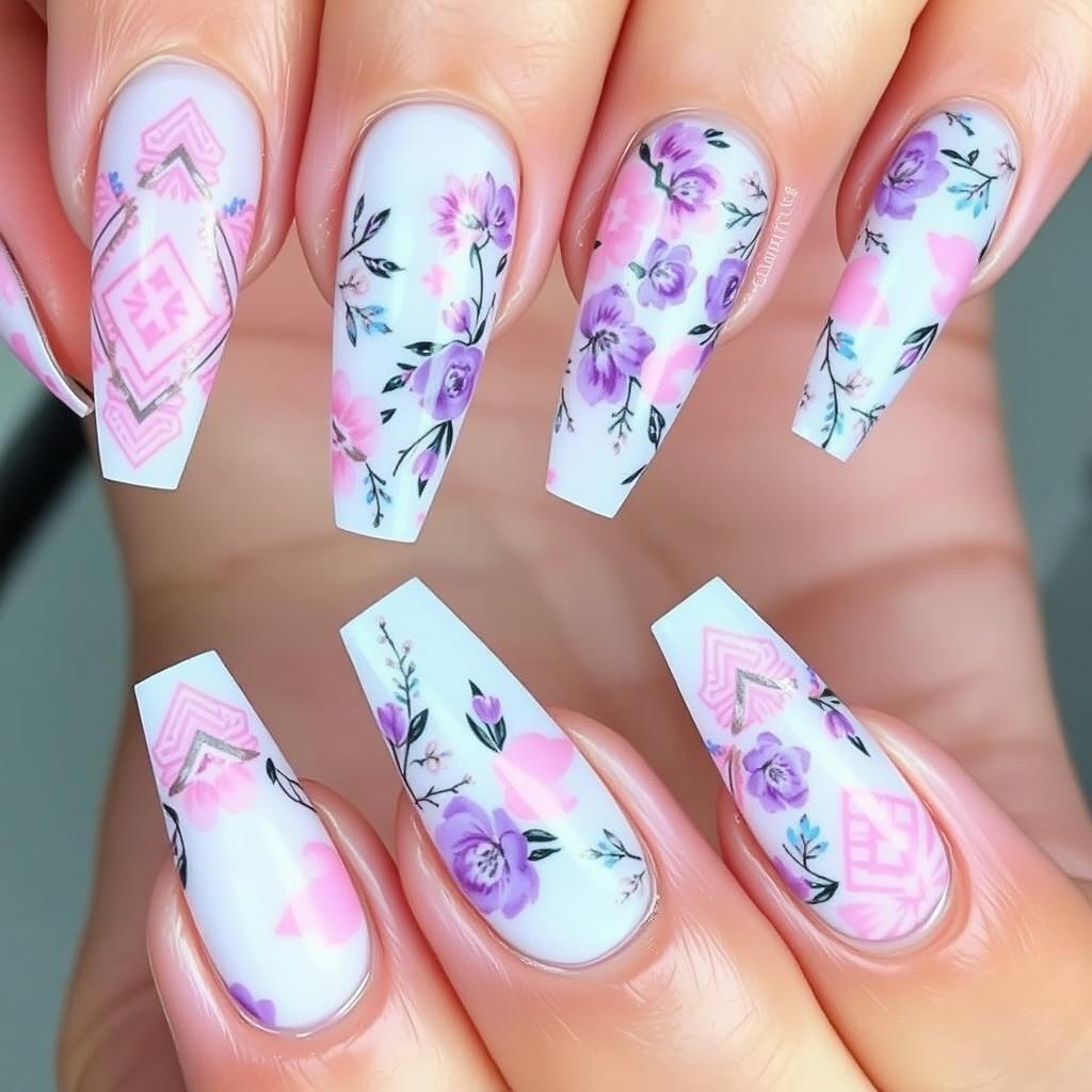 A vibrant and stylish nail design showcasing a combination of intricate geometric patterns and floral elements, featuring a pastel color palette including soft pinks, purples, and blues