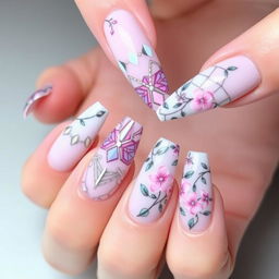 A vibrant and stylish nail design showcasing a combination of intricate geometric patterns and floral elements, featuring a pastel color palette including soft pinks, purples, and blues