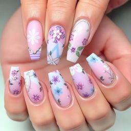 A vibrant and stylish nail design showcasing a combination of intricate geometric patterns and floral elements, featuring a pastel color palette including soft pinks, purples, and blues