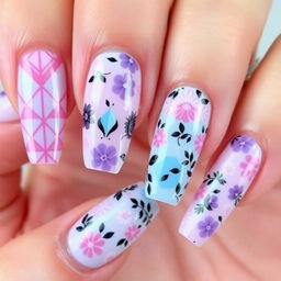 A vibrant and stylish nail design showcasing a combination of intricate geometric patterns and floral elements, featuring a pastel color palette including soft pinks, purples, and blues