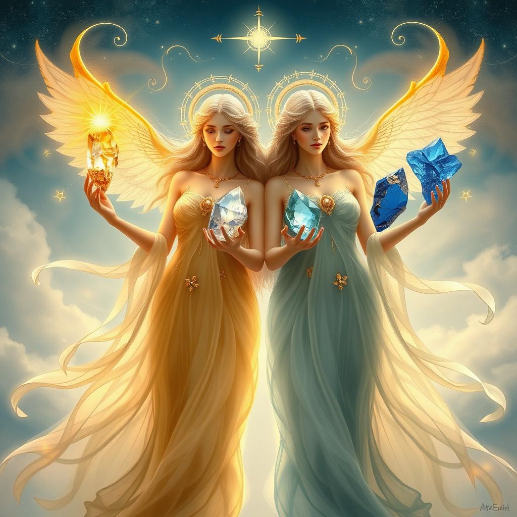 A mystical depiction of the Gemini Goddesses Charis and Galina, representing the planet Mercury and the Air sign