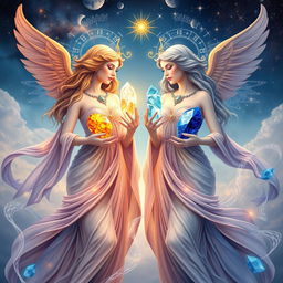 A mystical depiction of the Gemini Goddesses Charis and Galina, representing the planet Mercury and the Air sign