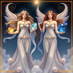 A mystical depiction of the Gemini Goddesses Charis and Galina, representing the planet Mercury and the Air sign