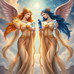 A mystical depiction of the Gemini Goddesses Charis and Galina, representing the planet Mercury and the Air sign