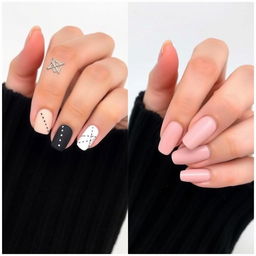 Minimalist and stylish nail design, with each hand featuring a unique and different style