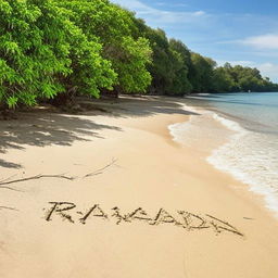 Scenic beach near the blue ocean, with a sprinkling of trees, and the word 'RAMADAN' etched into the sand, enhanced by a heart symbol.