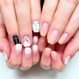 Minimalist and stylish nail design, with each hand featuring a unique and different style