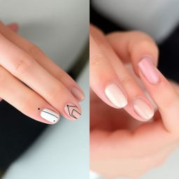 Minimalist and stylish nail design, with each hand featuring a unique and different style