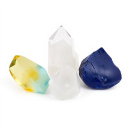 A beautifully arranged set of four captivating crystals: a radiant yellow Citrine symbolizing abundance, a pristine Clear Quartz, known for its purity and clarity, a soothing Aquamarine reflecting tranquil oceanic tones, and a deep blue Lapis Lazuli that speaks of wisdom and royalty