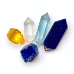 A beautifully arranged set of four captivating crystals: a radiant yellow Citrine symbolizing abundance, a pristine Clear Quartz, known for its purity and clarity, a soothing Aquamarine reflecting tranquil oceanic tones, and a deep blue Lapis Lazuli that speaks of wisdom and royalty