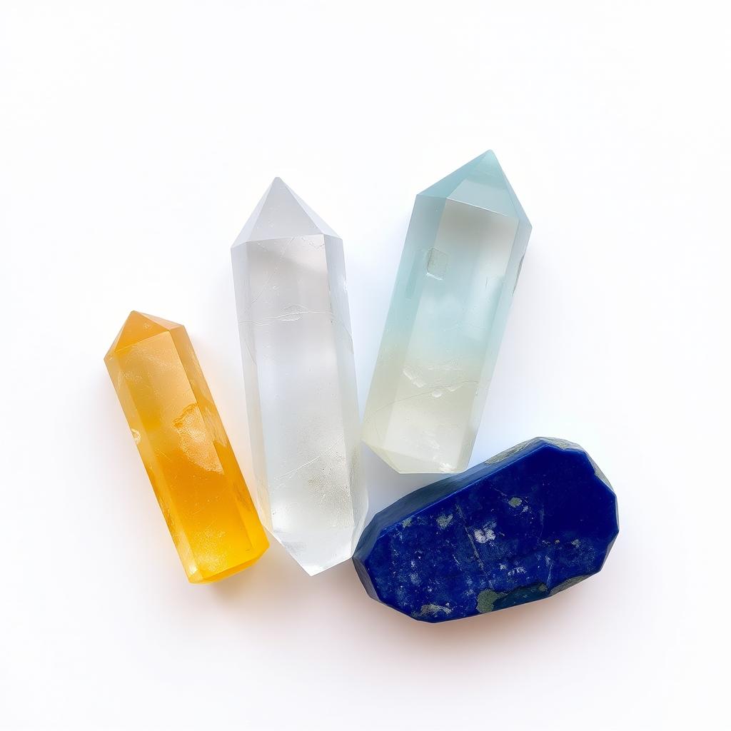 A beautifully arranged set of four captivating crystals: a radiant yellow Citrine symbolizing abundance, a pristine Clear Quartz, known for its purity and clarity, a soothing Aquamarine reflecting tranquil oceanic tones, and a deep blue Lapis Lazuli that speaks of wisdom and royalty