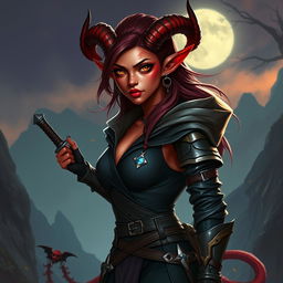 A stunningly beautiful D&D character, a 20-year-old female rogue Tiefling with captivating red skin and an enchanting presence