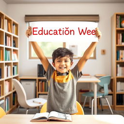 a child standing in a study room with a table, a comfortable chair, and books around