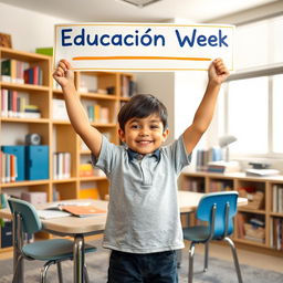 a child standing in a study room with a table, a comfortable chair, and books around