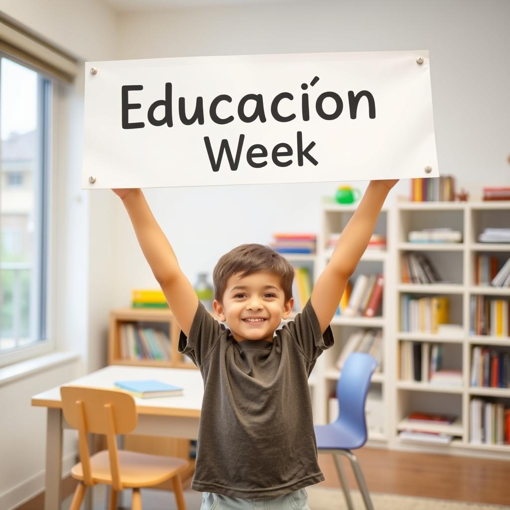 a child standing in a study room with a table, a comfortable chair, and books around