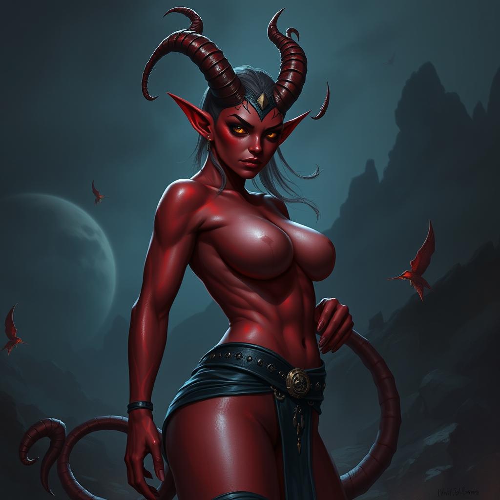 A 20-year-old female tiefling rogue with striking red skin, showcasing an alluring and captivating demeanor