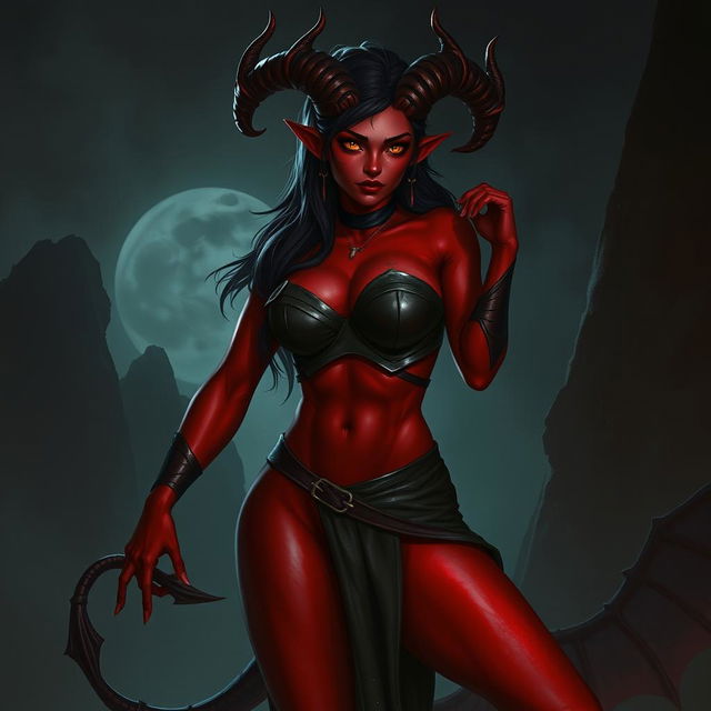 A 20-year-old female tiefling rogue with striking red skin, showcasing an alluring and captivating demeanor