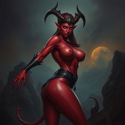 A 20-year-old female tiefling rogue with striking red skin, showcasing an alluring and captivating demeanor