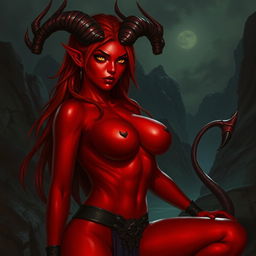 A 20-year-old female tiefling rogue with striking red skin, showcasing an alluring and captivating demeanor