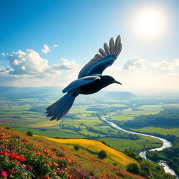 A black and blue bird with a striking silver tail gracefully flying over a stunning, picturesque landscape